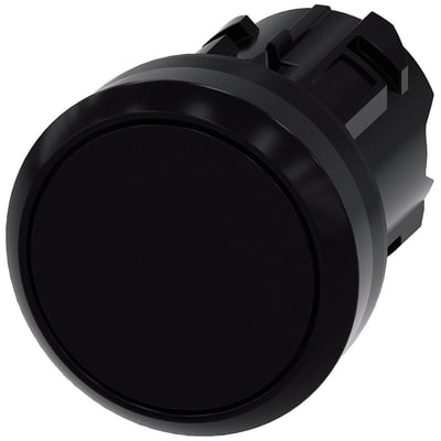 Sort Siemens trykknap med 22 mm diameter, lavet af plast med en flad, låsende trykfunktion vist isoleret på hvid baggrund.