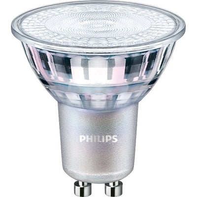 Philips Master Value LED-spot med klar, mønstret glasfront, sølvfarvet krop og GU10-fatning, set forfra.