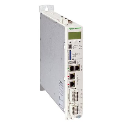 Schneider Electric LMC216CAA10000 motion controller, enheden viser tilslutningsmuligheder og et lille display.
