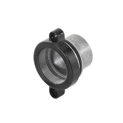 Weidmüller gennemføringshus til industristik med sort flange, synligt indvendigt gevind og cylindrisk metalhus.
