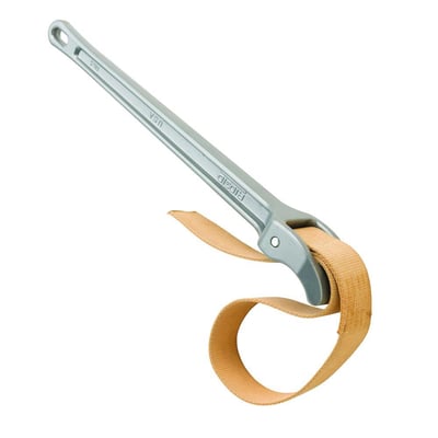 RIDGID stroptang model 5 i sølv med sandfarvet nylonstrop, viser USA produktion og 'Ridgid' logo.