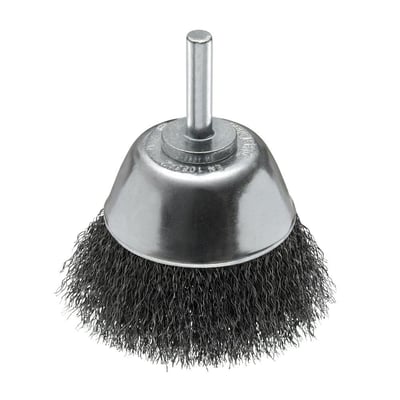Ironside kopbørste med bølget ståltråd, 60 mm diameter og 6 mm skaft, set skråt forfra.