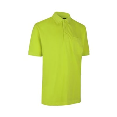 ID Identity Pro Wear poloshirt i limegrøn, størrelse XS, med brystlomme og hvid baggrund.