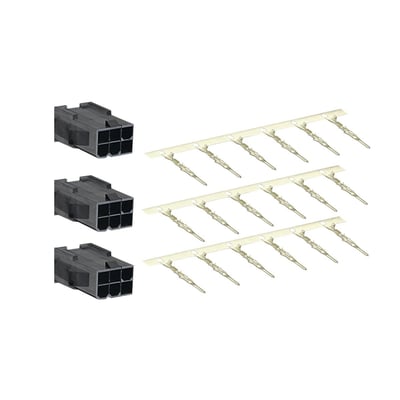 Schneider Electric motorstik kit til BCH2 motorer med 40mm, 60mm og 80mm størrelser. Indeholder tre sorte stik og flere metalterminaler på hvid baggrund.