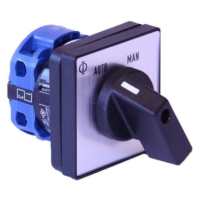 Kraus & Naimer 1-polet omskifter til frontmontage med 20A kapacitet, viser AUTO og MAN funktioner.