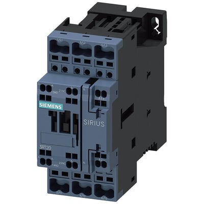 Siemens SIRIUS koblingskontaktor 12A, 400V, 3-polet, 24V DC med fjederbelastede klemmer og 1 NO/1 NC hjælpekontakter.