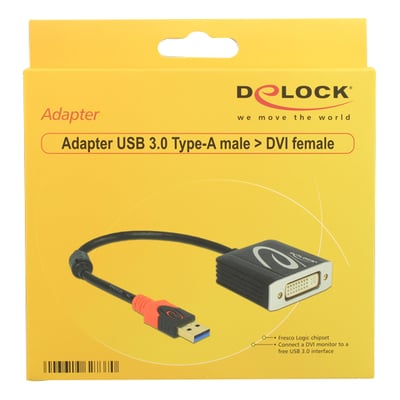 Pakke med DeLock USB 3.1 Type-A til DVI-I adapteren, der viser produktbilledet på en gul æske med Delock logo.