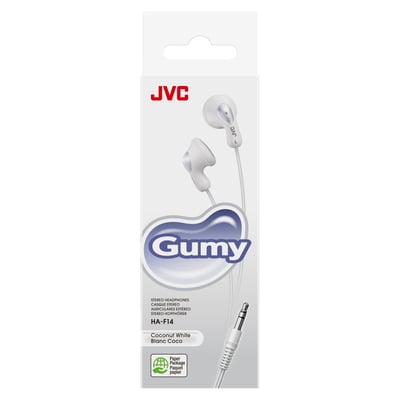JVC HA-F14 Gumy in-ear hovedtelefoner i hvid, præsenteret i deres papiremballage med tydelig mærkning og et billede af produktet.