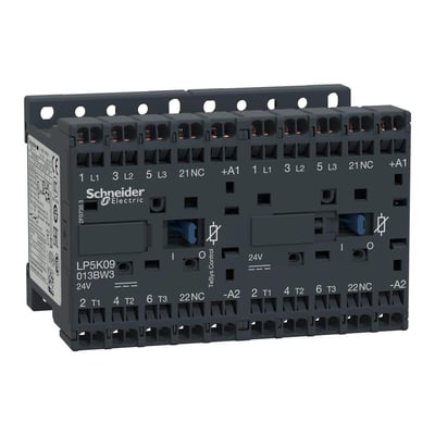 Schneider Electric reverserende kontaktor LP5K09, 9A, 24VDC, med 2x3P+1NC kontakter og tydelig mærkning.