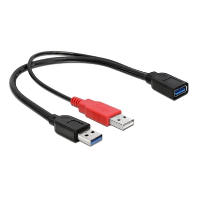 Delock USB 3.0 Y-kabel på 30 cm med sort kabel, to USB-A-hanstik og et USB-A-hunstik.