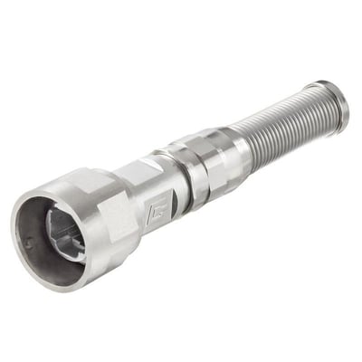 Weidmüller IP67-kabinet til Industrial Ethernet med rund åbning, sekskantet krave og gevindført bagende, set skråt forfra.