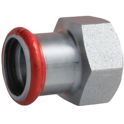 Unico forzinket overgang med presmuffe på 22mm og 1/2" indvendigt gevind, har en rød O-ring og et sekskantet anlæg for værktøj.
