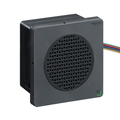 Schneider Electric DIN96 lydenhed i sort med NPN input og 12-24VDC forsyning, vist med et højtalerdesign og farvede ledninger.