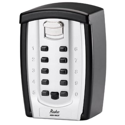 Assa Abloy Keybox KS3 nøgleboks med sølvfarvet front, sorte sider og numeriske trykknapper.
