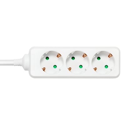 Deltaco strømskinne med tre børnesikrede CEE 7/3 stik i hvidt design med integreret kabel.