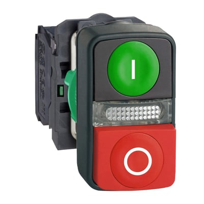 Schneider Electric XB5 dobbelttryk til 240V, med grøn "I" og rød "0" knap, samt LED-indikator og 1NO-1NC kontakt.