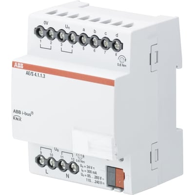 ABB KNX indgangsmodul AE/S 4.1.1.3 viser skrueterminaler til analoge signaler og 24V DC forsyning.