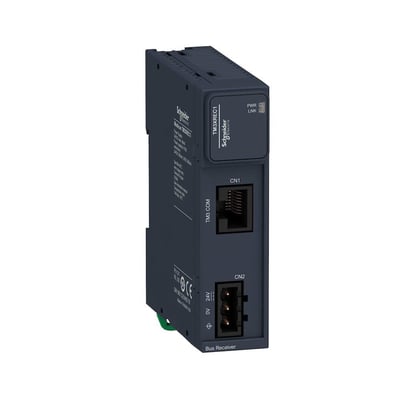 Schneider Electric TM3 busmodul i mørkeblå med hvid tekst, viser frontpaneler med RJ45-port og 24V strømtilslutning.