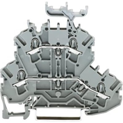 Detaljeret billede af Wago 2-etageklemme, der viser CAGE CLAMP S-teknologi og monteringsdetaljer.