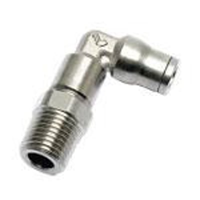 Legris vridbar vinkel fra Parker Hannifin, Ø4 x 1/8" KRG 3629, lavet af FDA kemisk forniklet messing med forlænget BSPT gevind.