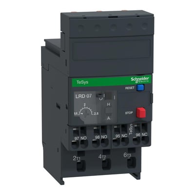 Detaljeret vinkel af Schneider Electric TeSys D termorelæ LRD073, der viser indstillingsskiven fra 1,6 til 2,5A og mærkningsdetaljer.