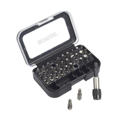 Ironside bitssæt med 31 dele og 1/4" tilslutning i åben plastboks med bits og bitsholder.