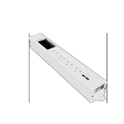 Hvid møbelboks fra Lauritz Knudsen med 4 stikkontakter, USB A/C og VDI-port, vist på hvid baggrund.