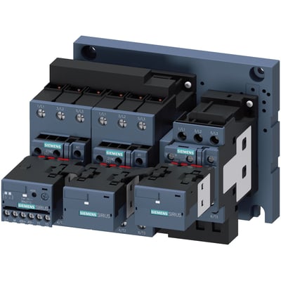 Siemens stjerne-trekant kombination med AS-i på blå monteringsplade, viser 45kW, 24V DC, skruetilslutning og integreret interlock.