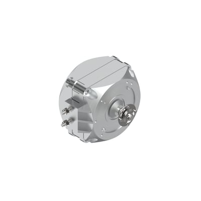 Danfoss ventilatormotor på 135 Watt i sølvfarvet metal med synlige skruer og fastgørelseselementer på hvid baggrund.