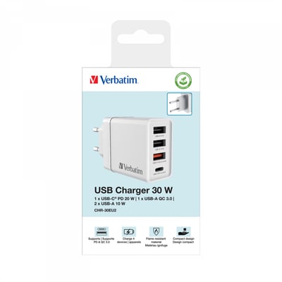 Verbatim CHR-30EU2 USB oplader i hvid emballage, viser 30W effekt og 1 x USB-C PD 20W port.