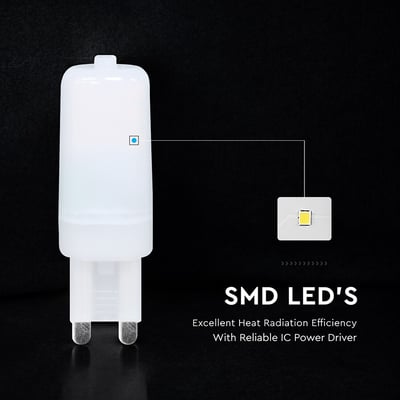 V-TAC G9 LED-pære på 2,2 W med hvidt hylster og synlig SMD-LED-detalje samt 6500 K lysfarve.