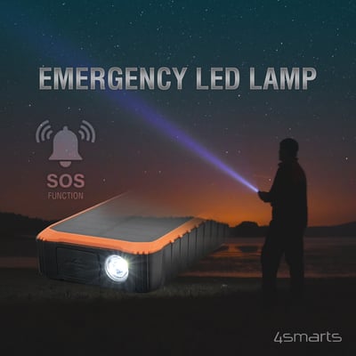 4smarts Solar Power Bank Prepper med 12000mAh i orange og sort, oplyser SOS-funktionen med en lysstråle i mørket.