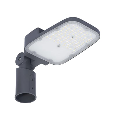 Gråt LEDVANCE Streetlight Area S vejarmatur med synlige LED'er og mastebeslag, 45 W og 6075 lm.