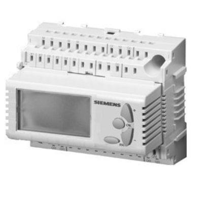 Siemens RLU202 universal regulator med én reguleringssløjfe og to relæudgange, med tydelig skærm og betjeningsknapper.