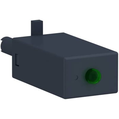 Schneider Electric Varistor RXZE/RSZ 24-60V i mørkegrå plast med en grøn LED-indikator på fronten.