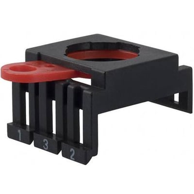 Omron monteringslås A22-3200, et sort plastikhus med en rød låsearm og mærkede terminaler.