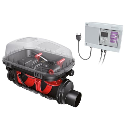 Kessel FKA højvandslukke type 3, 110mm, med to røde lukkeventiler og klar top, koblet til kontrolpanelet.