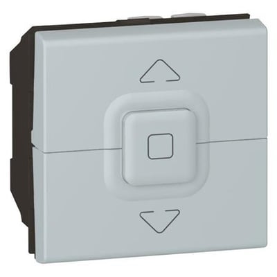 Legrand Mosaic markise trykstyring 2M i aluminium med op- og nedpile samt stopknap på fronten.
