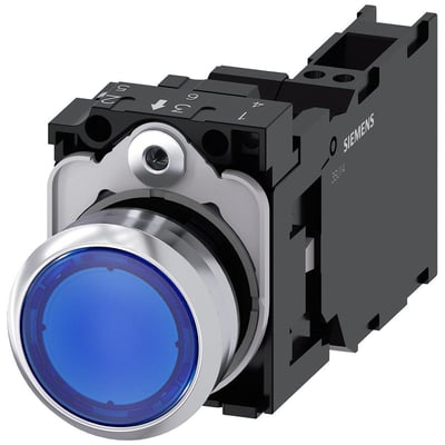 Siemens 22mm oplyst trykknap i ru metal med blå front, 1NO/1NC kontakter og integreret LED 24V.
