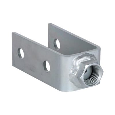 Walraven RapidStrut-adapter til HD-rørbøjler 1/2" set skråt forfra med gevindstuds og huller i sideflangerne.