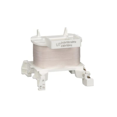 Schneider Electric TeSys D spole LXD1, 240V AC, set fra siden med mærket 'U7 240V50/60Hz 230V50Hz' og modelinformation 'F18 37 3 10'.