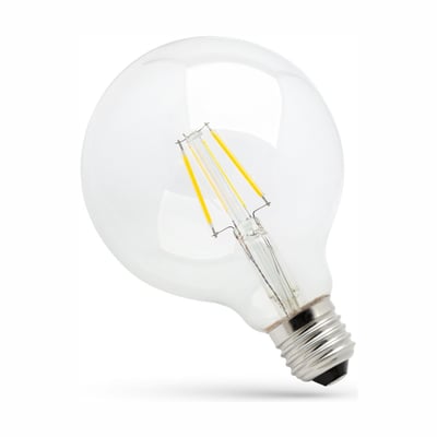 SpectrumLED E27 dæmpbar LED-globepære på 8,5 W med rund, klar glaskuppel og synlige LED-filamenter.