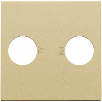 Niko afdækning til TV/FM udtag med guldbelagt finish, tydeligt mærket med TV og FM-symboler og to cirkulære åbninger.