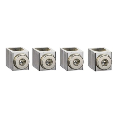 Fire Schneider Electric klemmesæt til 25-95mm² CU/AL kabler vist frontalt på en hvid baggrund, med tydelige skruehoveder.