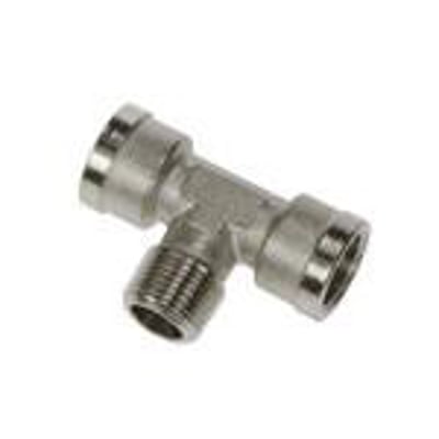 Parker T-stykke 1/2" i nikkelbelagt messing, med udvendigt BSPT og indvendigt BSPP gevind, model 0916.
