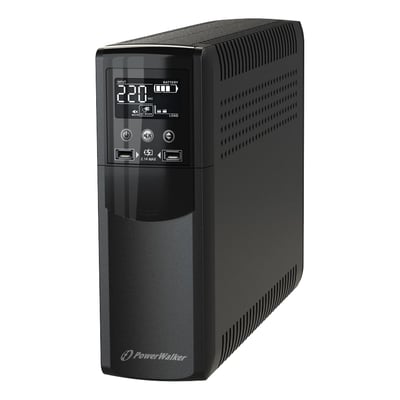 PowerWalker VI 1500 CSW IEC UPS enhed med 1500VA/900W kapacitet, viser digitalt display med input og batteristatus samt betjeningsknapper og USB-porte.