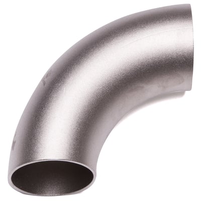 90° bøjning i rustfrit stål 316L, mat overflade, 76 mm diameter og 1,6 mm tykkelse.