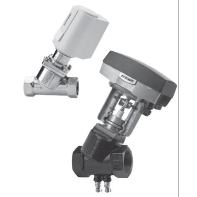 To motorventiler, en med et hvidt aktuatorhus og en med et mørkt aktuatorhus, vist på hvid baggrund.