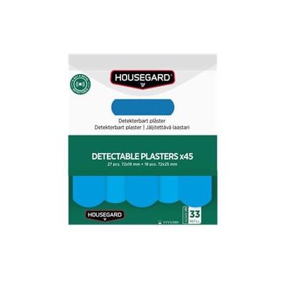 Emballagen til Housegard detekterbare plastre, 2 x 45 stk., viser de blå plastre.