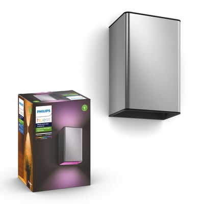 Philips Hue Resonate udendørs væglampe i børstet aluminium ses forfra med den farverige produktemballage ved siden af.